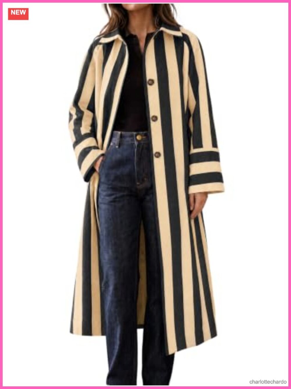Oversized Striped Long Trench Coat Women Lapel Collar